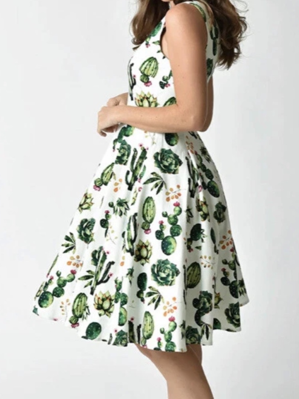 Sleeveless White Midi Dress with Green Cactus Print